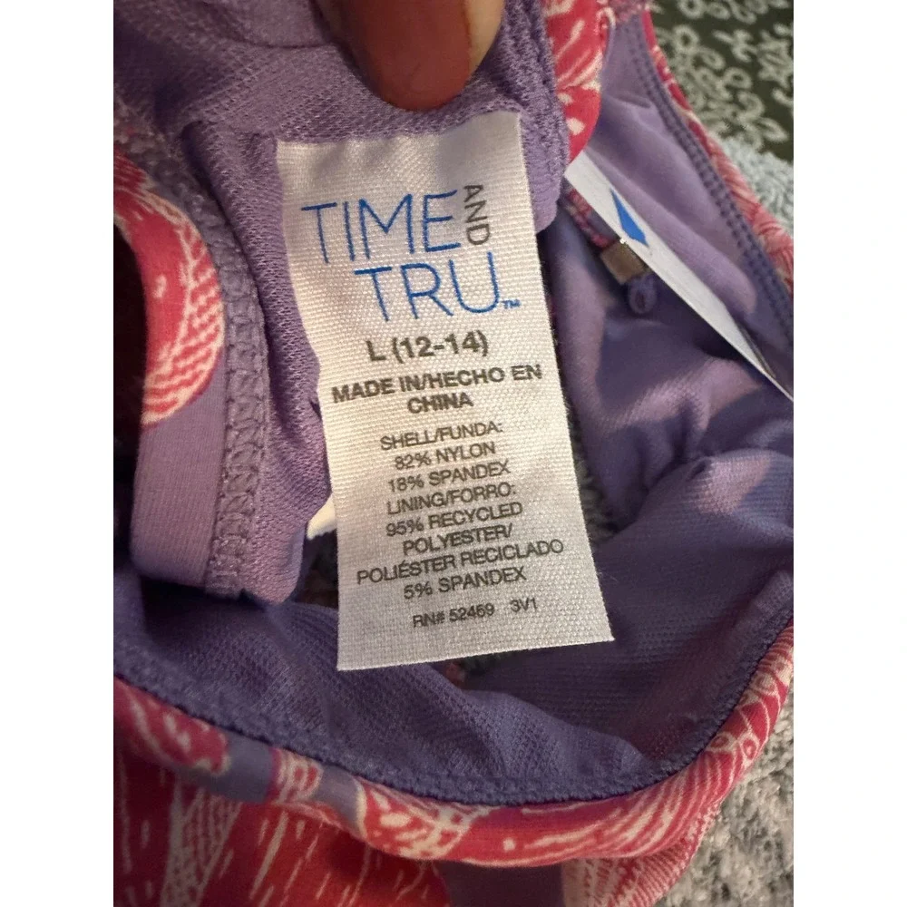Time and Tru Bikini Bottom Womens L Purple Pink Floral Ruched Low Rise Cheeky